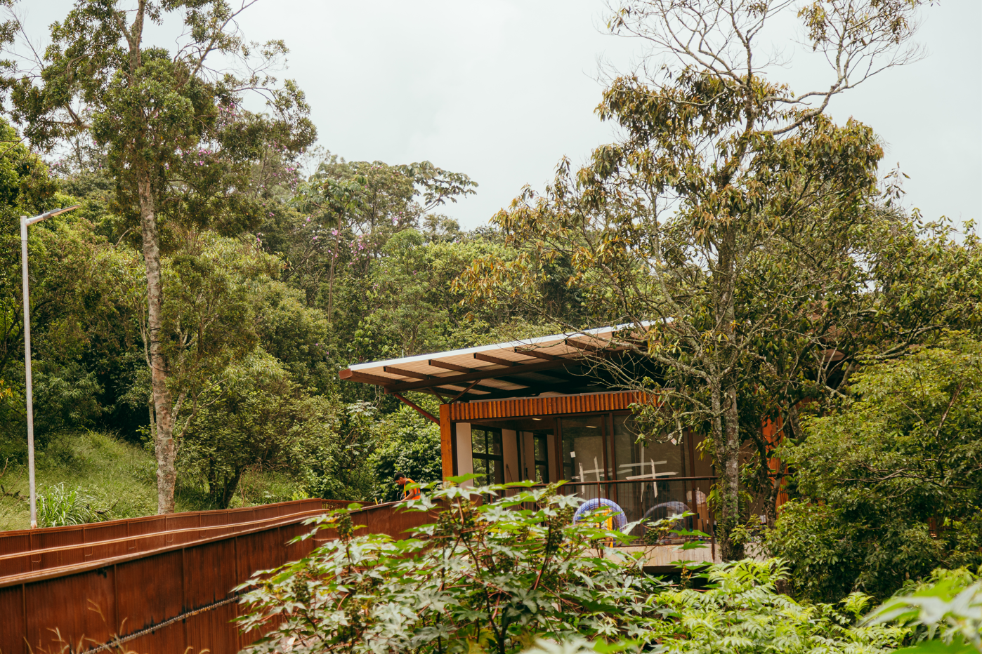 A imagem retrata uma construção moderna inserida em meio a uma vegetação densa e exuberante, com predominância de diferentes tons de verde nas árvores e arbustos que cercam o espaço, variando entre verdes escuros nas copas mais altas e verdes mais claros nas plantas em primeiro plano, além de algumas folhas com nuances amareladas e amarronzadas; o prédio apresenta estrutura em tons de marrom, com madeira aparente no deck e nas paredes externas, contrastando com o telhado inclinado em cinza escuro e com o céu em cinza claro, que sugere um dia nublado ou de luz suave; a fachada conta com painéis de vidro transparente que refletem a iluminação natural, enquanto à esquerda um poste branco se destaca entre a vegetação, e ao fundo é possível notar uma pessoa vestindo roupa em tom alaranjado, além de um elemento em azul e roxo próximo à varanda, compondo um cenário que harmoniza arquitetura contemporânea e natureza.