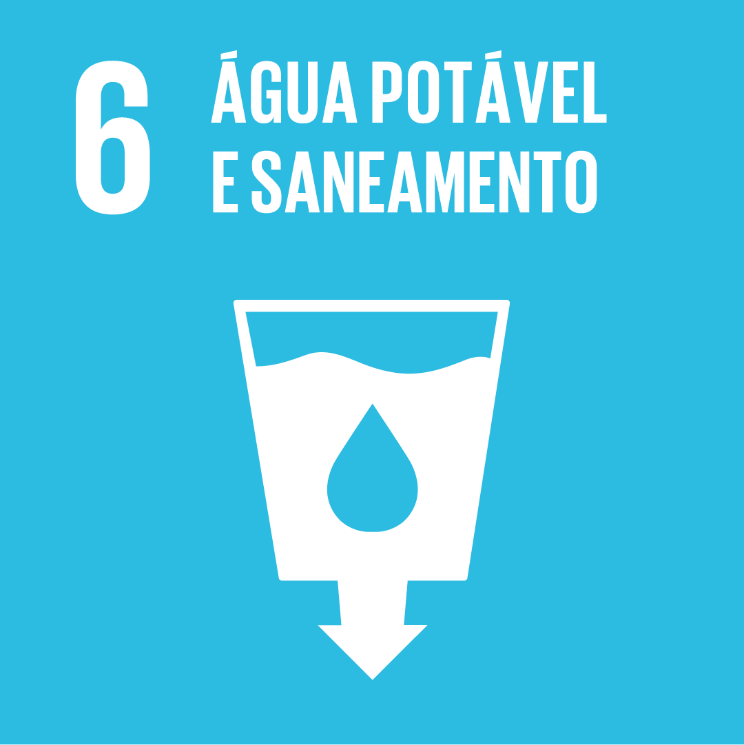 A imagem mostra o ícone da ODS 6 “água potável e saneamento”, representada por um ícone azul, com o desenho de um copo com o símbolo de uma gota de água no centro e uma flecha indicando para baixo do copo