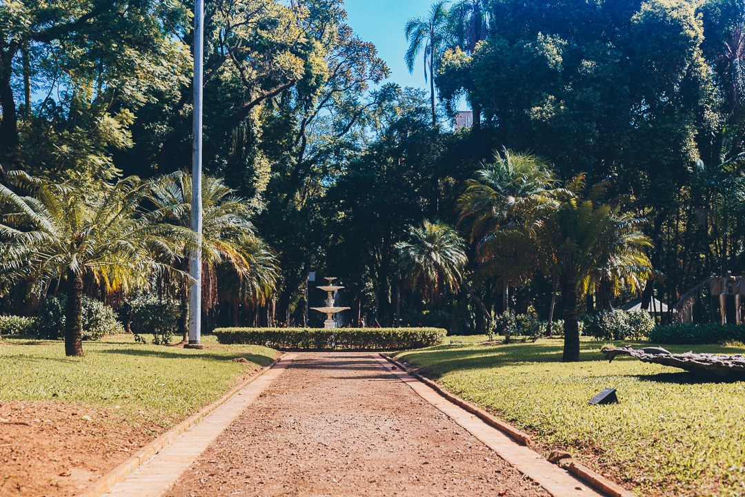 Caminho de terra ladeado por gramado e palmeiras em um parque arborizado, com uma fonte ao fundo.