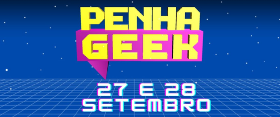 Chamada para evento Penha Geek em amarelo e rosa 
