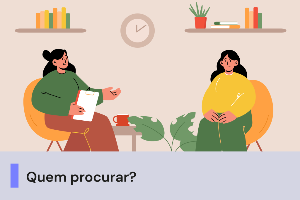 A imagem mostra uma ilustração de duas mulheres conversando. Abaixo, uma faixa com o texto 