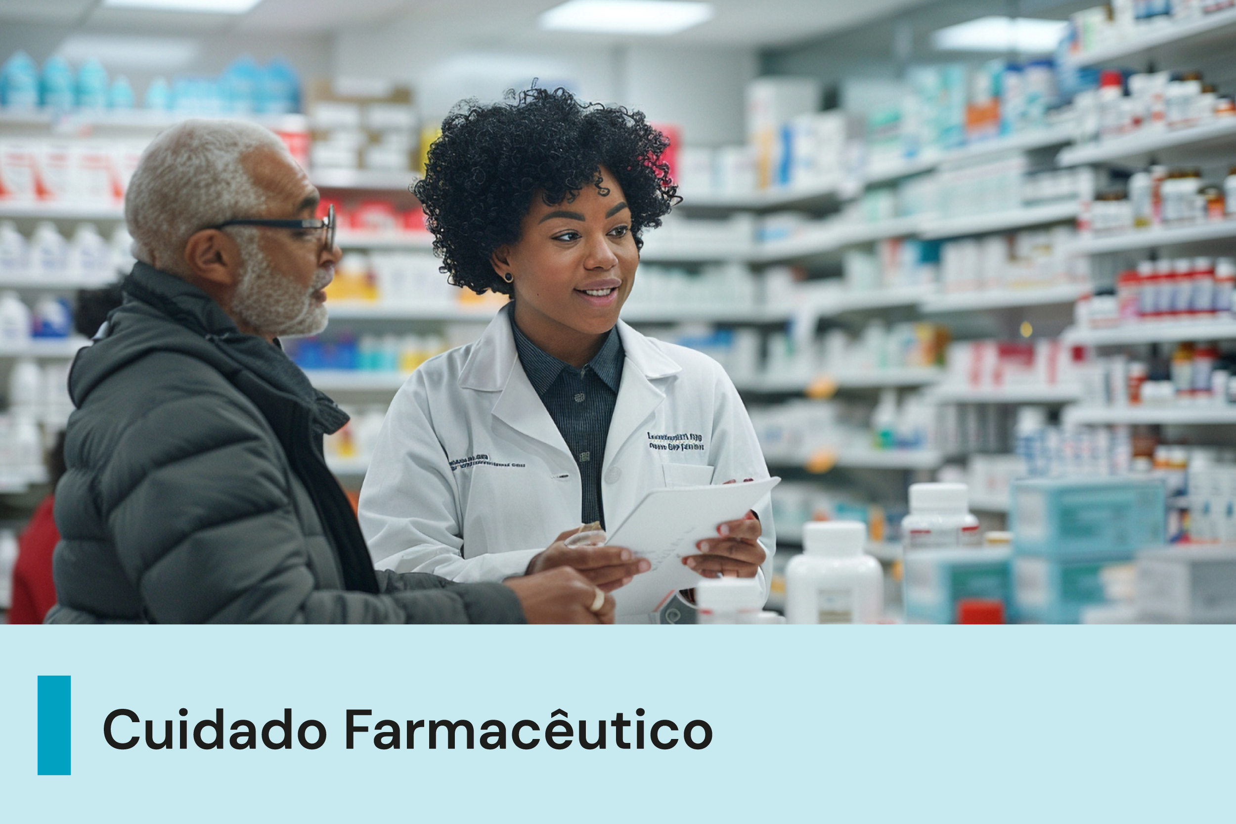 Pra cego ver: A imagem mostra uma profissional de saúde auxiliando um homem. Abaixo, uma faixa com o texto 