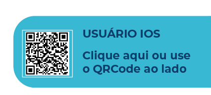  #PraCegoVer: num fundo preto há um QRCode do lado esquerdo. Equivalente textual: Usuário iOS - Clique aqui ou use o QRCode ao lado e baixe o aplicativo.