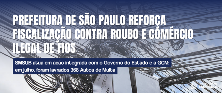 #PraCegoVer: Fotografia em formato horizontal mostrando em plano de fundo um emaranhado denso de fios elétricos e de fiação de telecomunicações conectados a caixas de distribuição em um poste da cidade, sob um céu claro com algumas nuvens. Sobreposta à imagem, no centro, há a manchete escrita em letras maiúsculas brancas: 