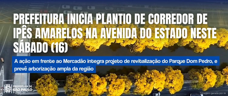 A imagem é um card informativo da Prefeitura de São Paulo, capturado de uma perspectiva aérea. No centro, vemos o Rio Tamanduateí margeado por densas fileiras de ipês-amarelos em plena floração, criando dois corredores vibrantes de cor amarela que contrastam com o asfalto cinza das pistas da Avenida do Estado, situadas em ambos os lados do rio. Na parte superior, há um letreiro em letras brancas e garrafais que diz: “PREFEITURA INICIA PLANTIO DE CORREDOR DE IPÊS AMARELOS NA AVENIDA DO ESTADO NESTE SÁBADO (16)”. Logo abaixo, um retângulo azul traz o texto complementar em branco: “A ação em frente ao Mercadão integra projeto de revitalização do Parque Dom Pedro, e prevê arborização ampla da região”. No canto inferior esquerdo, consta o logotipo da Prefeitura de São Paulo e, no canto inferior direito, uma pequena nota indica que a imagem foi gerada por Inteligência Artificial.
