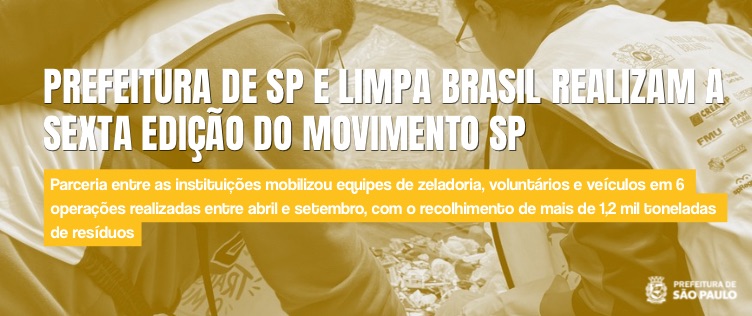 Imagem em formato horizontal sobreposta por uma camada translúcida em tom amarelo-escuro. Ao fundo, voluntários vestindo coletes brancos sobre roupas escuras e luvas aparecem abaixados, manuseando sacos de lixo e recolhendo resíduos no chão. No centro, em destaque na parte superior, está o título escrito em letras maiúsculas brancas: 