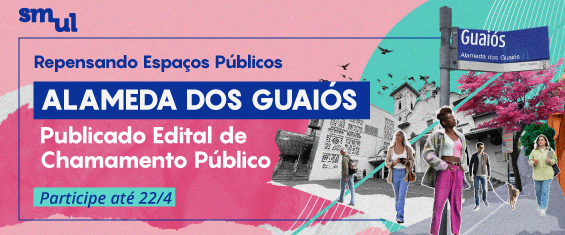 Aqui está a descrição detalhada e organizada da imagem que você enviou:  Descrição Geral A imagem é um banner digital institucional com estilo de colagem moderna e artística. O objetivo é divulgar um edital de chamamento público para a Alameda dos Guaiós. O design mistura fotos recortadas em preto e branco com elementos coloridos (rosa, azul e verde) e texturas que lembram tinta guache ou aquarela.  Elementos Visuais e Texto Lado Esquerdo (Informações e Texto) Topo Esquerdo: Logotipo da SMUL (Secretaria Municipal de Urbanismo e Licenciamento) em letras minúsculas azuis.  Título Principal: Dividido em três partes:  